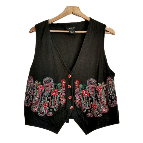 Carole Little Tops - Vintage Beaded Paisley Embroidered Vest Womens Size S Black Boho Retro